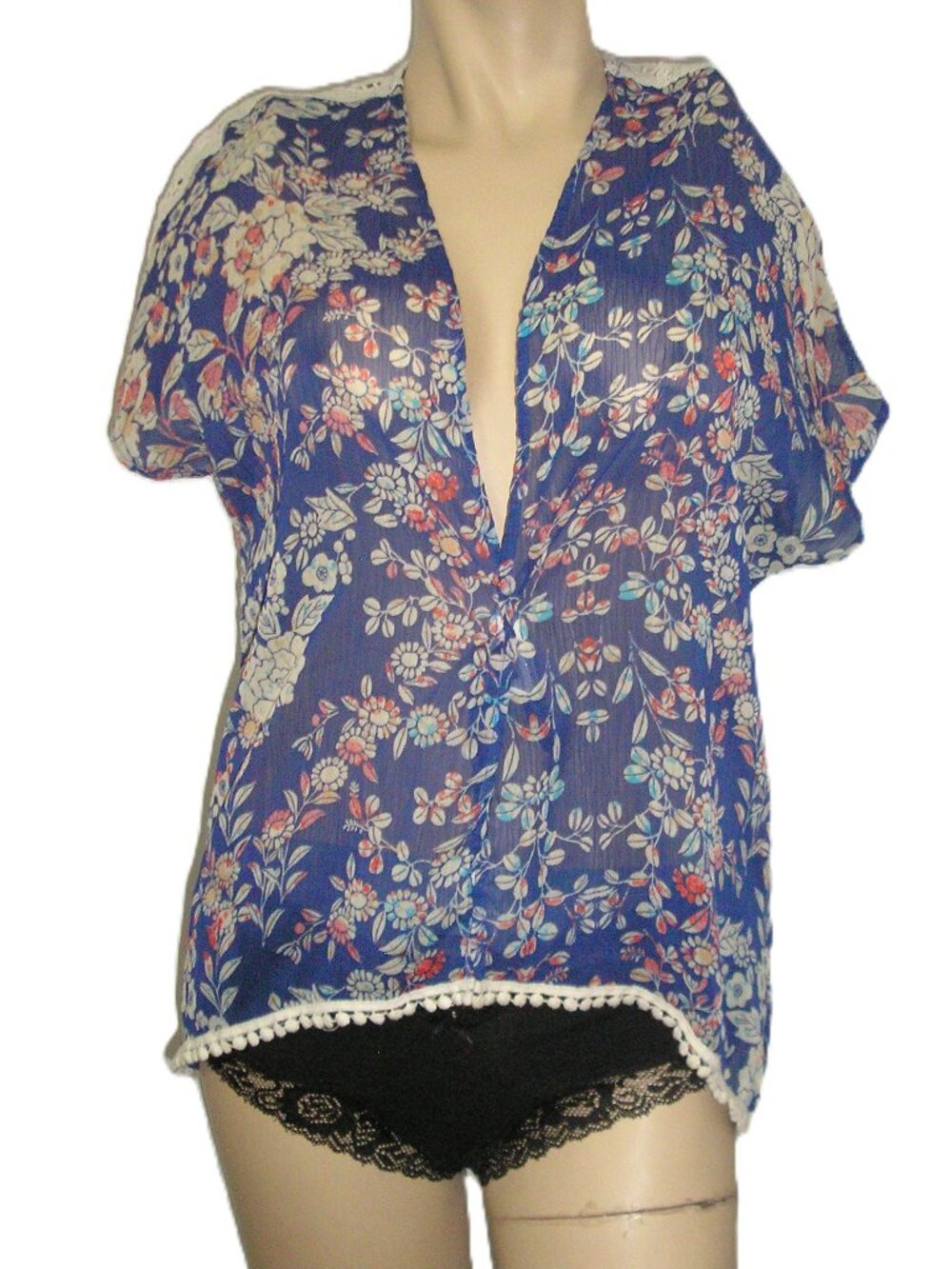 Kandy Kiss Lace Detail Floral Sheer Blue Open Front Top, Size XL